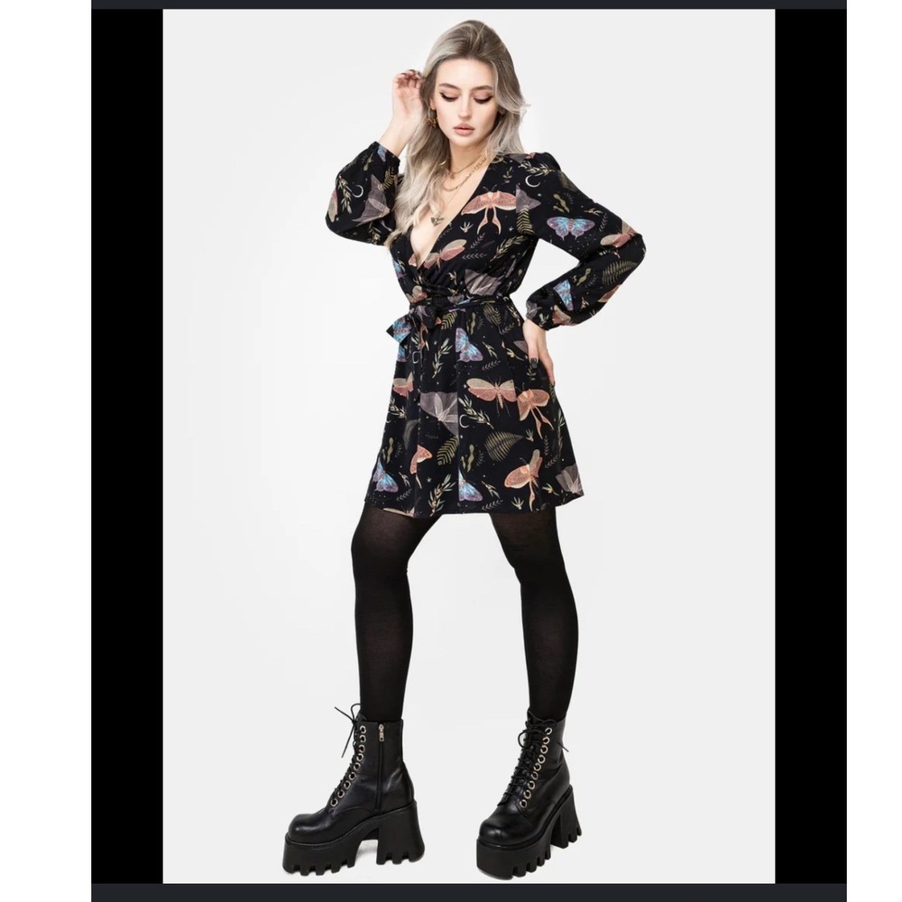 Disturbia Nightmoth Mini Wrap Dress Black Moth Print Gothic Witchy